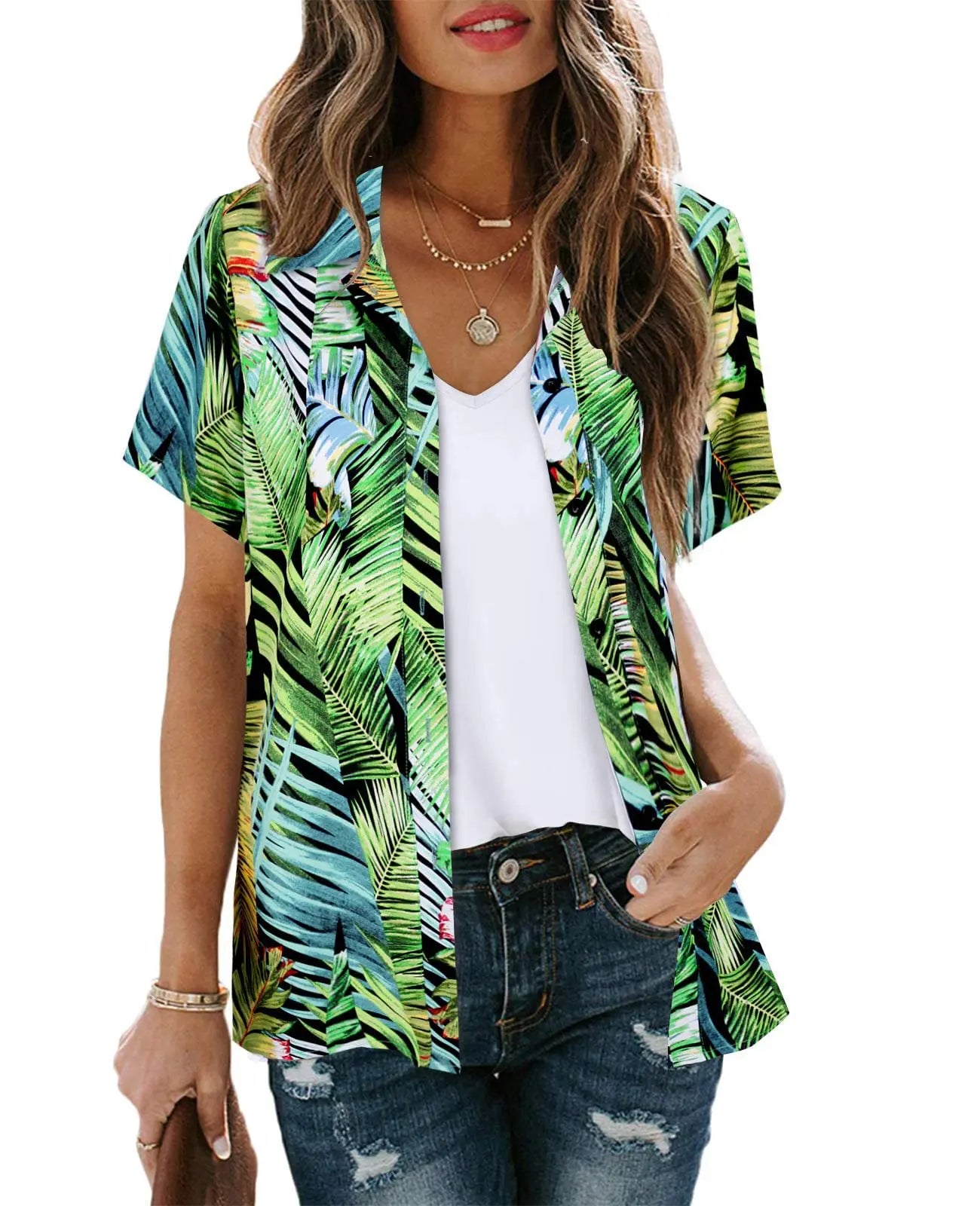 Bohemian Beach Holiday Shirt & Blouse Women Fashion Short Sleeve Button Shirts