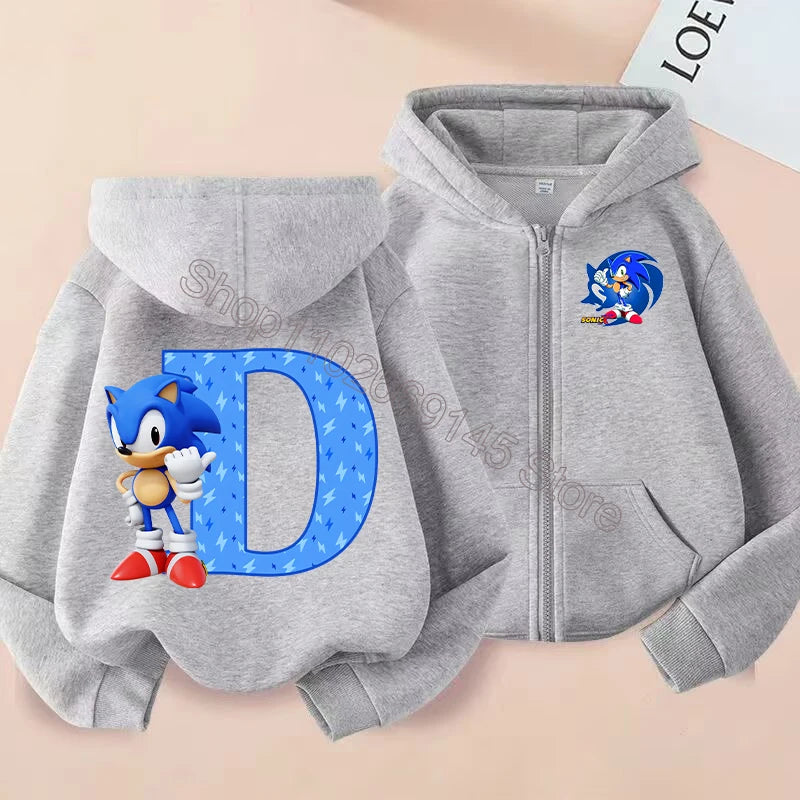 New Sonics Boys Zip-up Hoodies Kids Anime Hoodie Cartoon Letter Printed Tops Winter Warm Jacket Coat Autumn Children Clothing