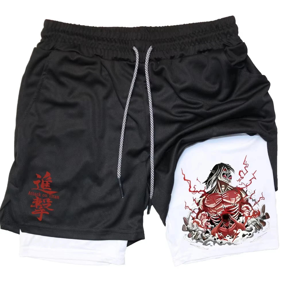 Anime Gym Shorts Men Fitness Gothic Manga 2 in 1 Performance Shorts Mesh Quick Dry Athletics Short Pants