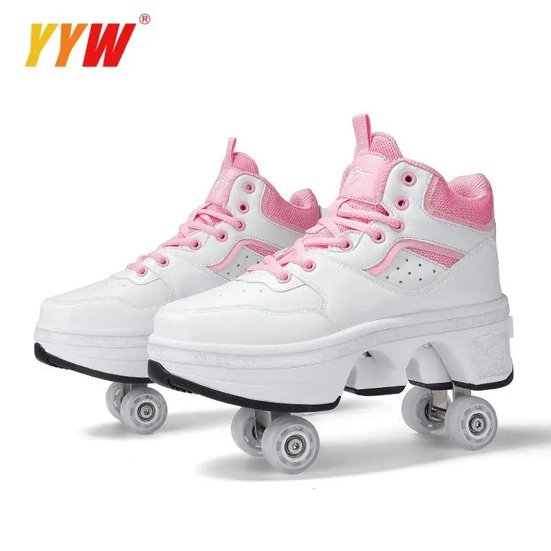 Four-Wheel Dual-Use Skating Shoes Double-Row Roller Student Men's Casual Sneakers Women's Men's Sport Walking Running Shoes