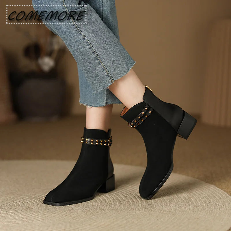 2025 Spring Autumn Woman’s Classic New European American Boot Rivets Fashion Versatile Soft Breatheable PU Anti Slip Square Head