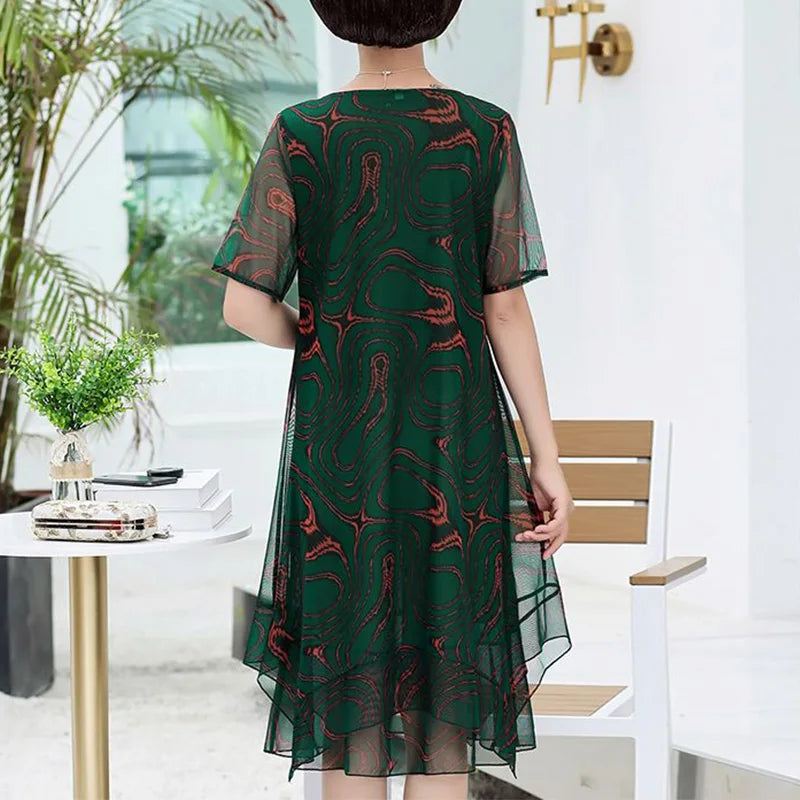 Summer Thin Fashion Printing Gauze Mesh Loose Knee Length Dress