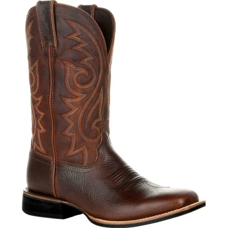 Men Boots Mid Calf Western Cowboy Motorcycle Boots