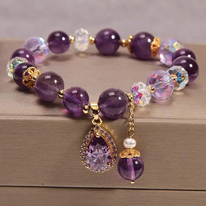 Junzi New Purple Crystal Love Pendant Beaded Bracelet For Women