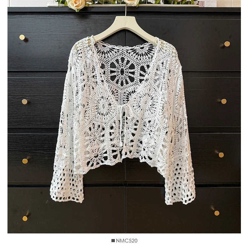 Kimotimo Hollow Hook Flower Thin Knitted Cardigan Women Boho Ethnic Style Long Sleeve Crop Tops Summer Outwear Lace Up Bow Shirt