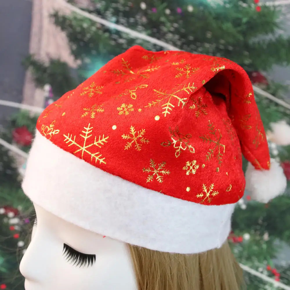 Christmas Hat With Printed Gold Silver Snowflakes Classic Plush Santa Hat