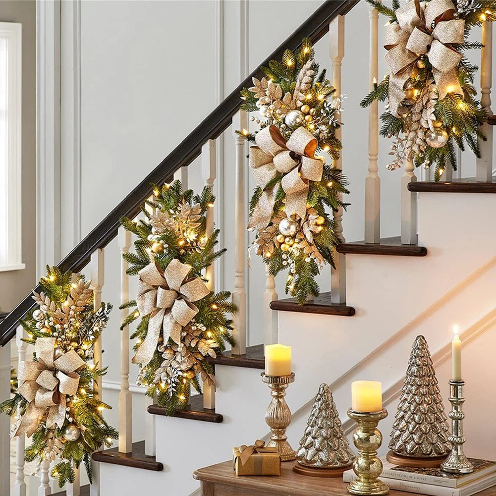 Hanging Stairs Garland Christmas Swag Door Wreath Pendants Stairway Swag Trim Lights Up LED Wreath Christmas Hanging Decoration