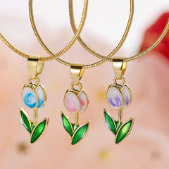 Vintage Elegant Enamel Tulip Flower Pendant Necklace For Women