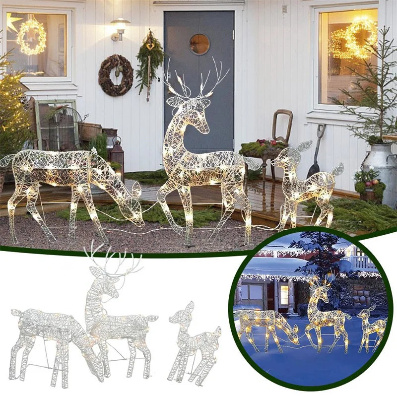 Iron Art Elk Deer Christmas Garden Decoration With LED Light Glowing Glitter Reindeer Xmas