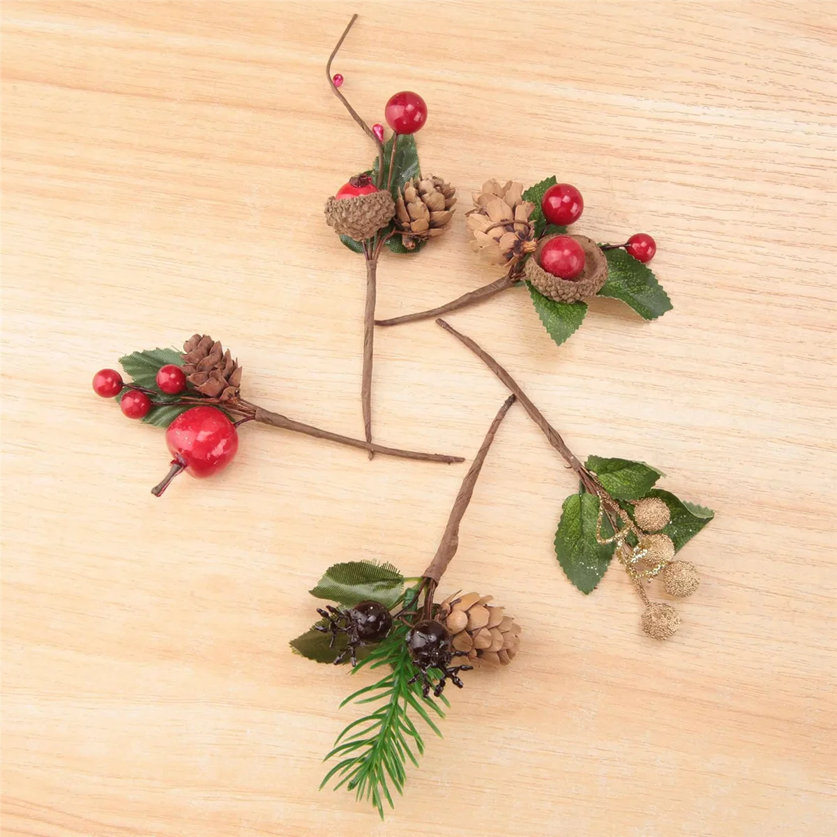 Red Christmas Berry and Pine Cone Picks with Holly Branches for Holiday Floral Decor Flower Crafts