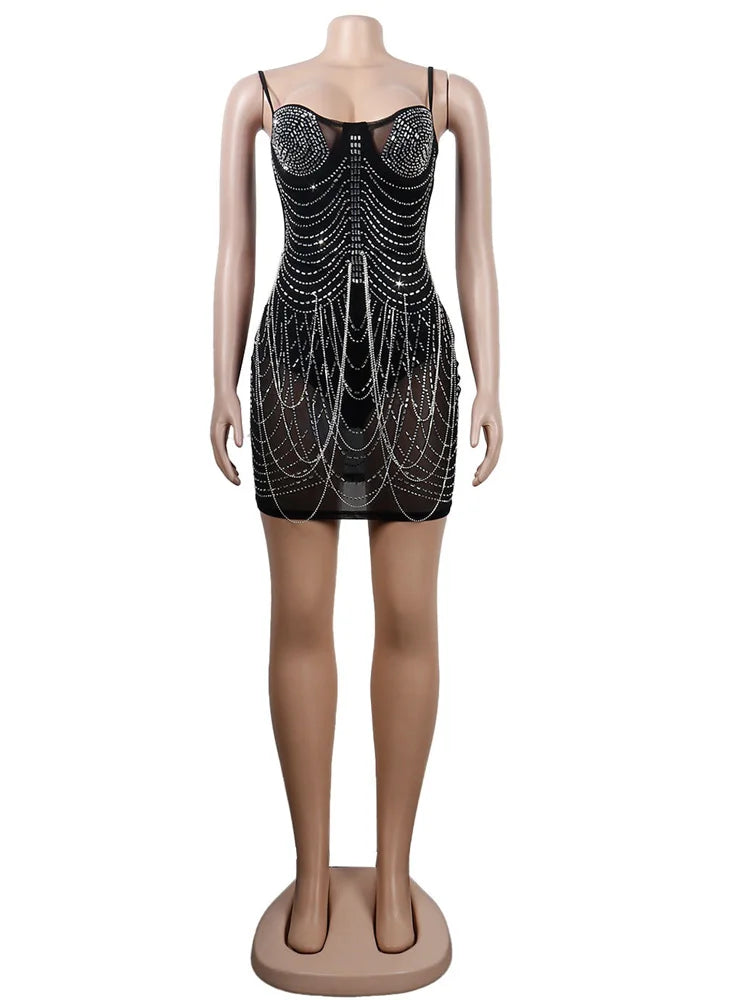 Sparkle Black Rhinestone Fringe Bodysuit Mini Dresses Women