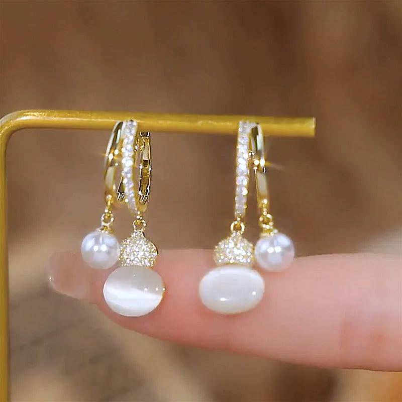 Elegant Delicate Micro Paved Zircon Opal Pearl Pendant Gold Color Earrings