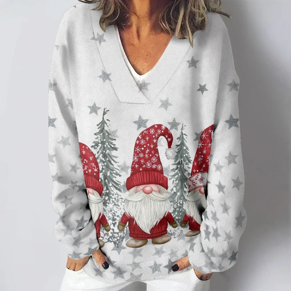 Naughty Santa Claus Print V-neck Casual Sweatshirt Kawaii Winter Classic Hoodie Harajuku Funny Pullovers Women Solf Cozy Tops