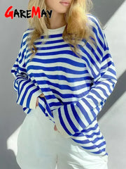 Casual Women's Oversize T-shirt Striped Green Blue Basic Soft Tops