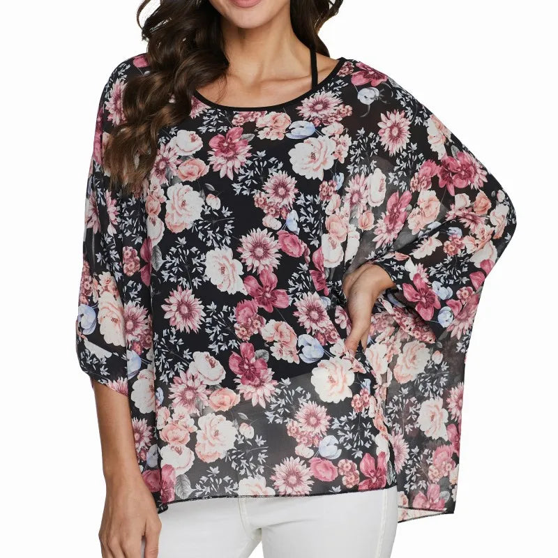 Women chiffon Blouse half Sleeve Beach shirt O-neck Loose summer floral print Casual Bohemian Boho Top