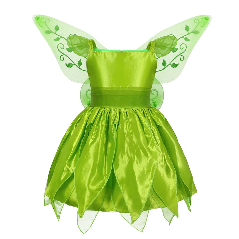 Disney Girls Tinker Bell Costume Kids Green Fairy Princess Tinkerbell Fancy Dress