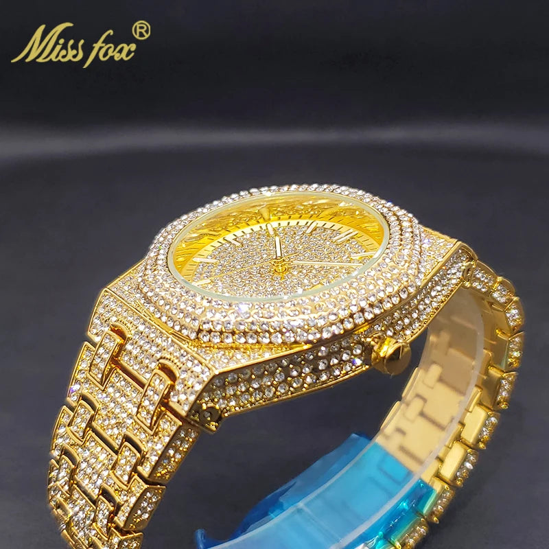 Large Dial Watch Men Gold Luxury Diamond Premium Watch Man Stylish Hip Hop  Water Resistant Hand Clock