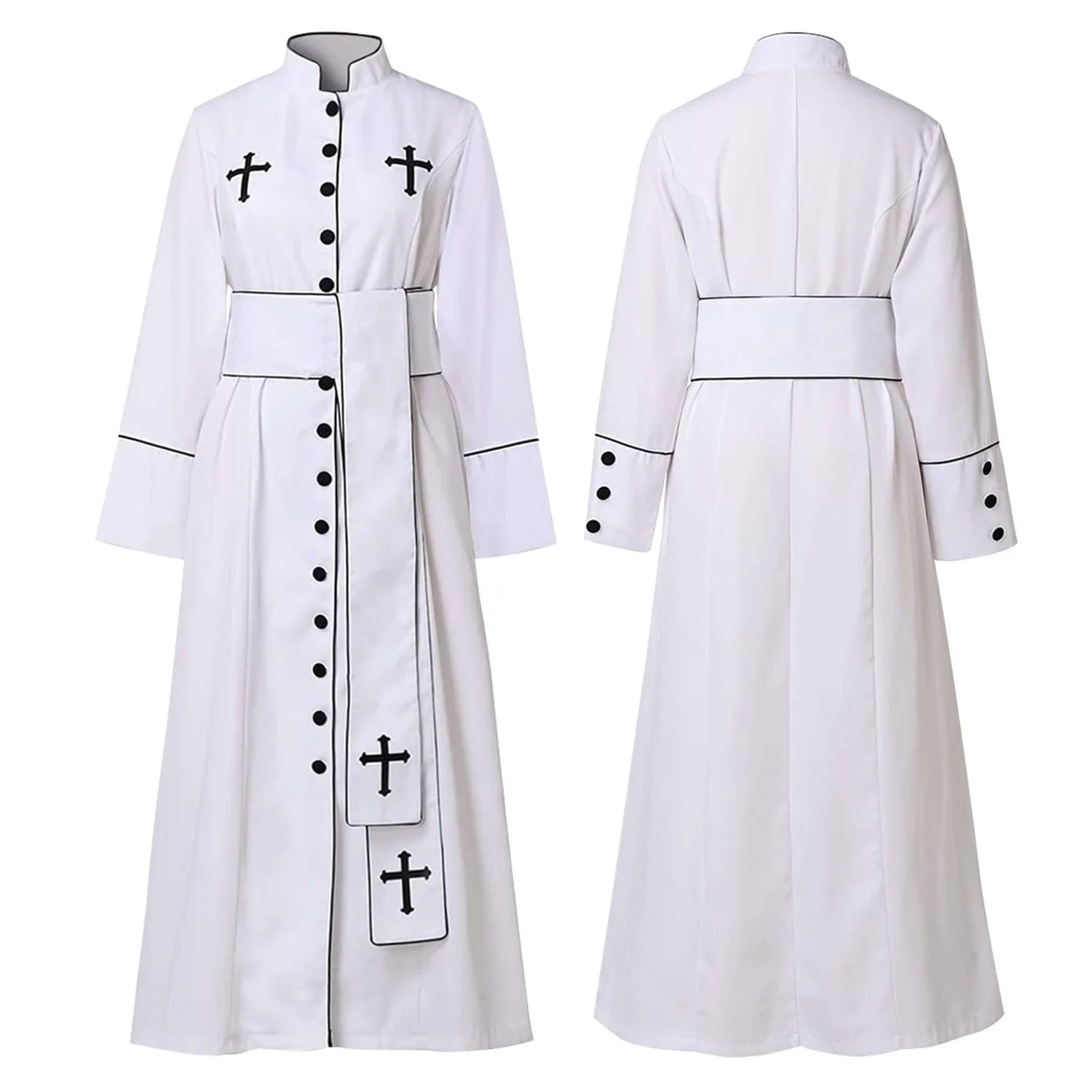 Men's Priest Costume Pastor Robe Roman Cassock with Stand Collar Belt and Cross Necklace Halloween Carnival Party Uniform Suit