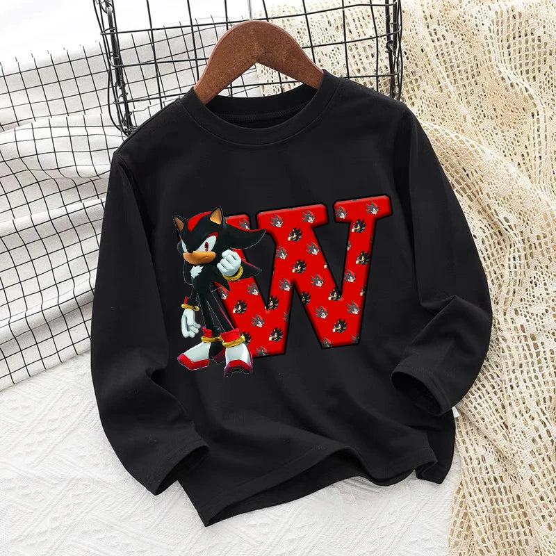 Sonics Kids Long Sleeves T-shirts Anime Print Letter Tee Spring Fall Thin Tops Cotton Children Crewneck Clothes Bottoming Shirt