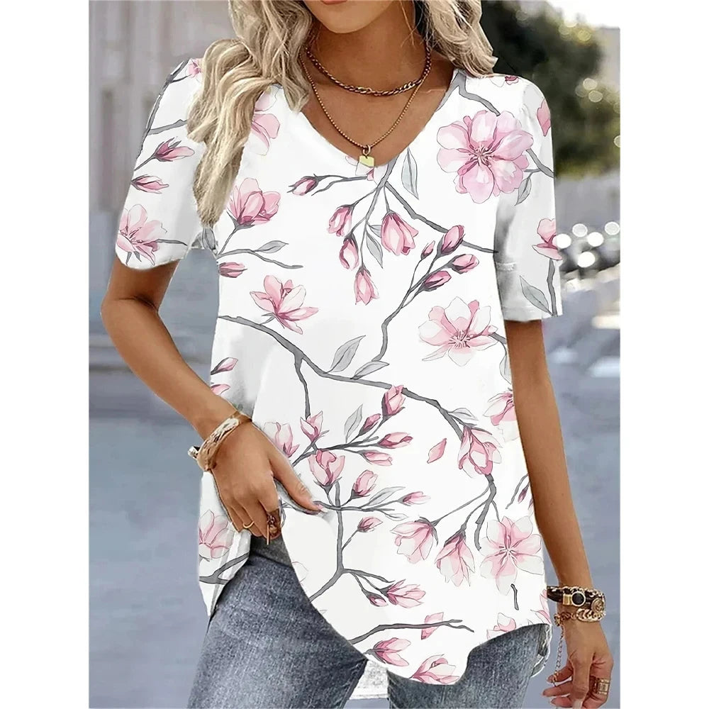 New Women's T-Shirt Summer V-Neck Tee Loose Casual Top Stripes Funny Printed Female Clothing Streetwear Women Pullover T Shirts