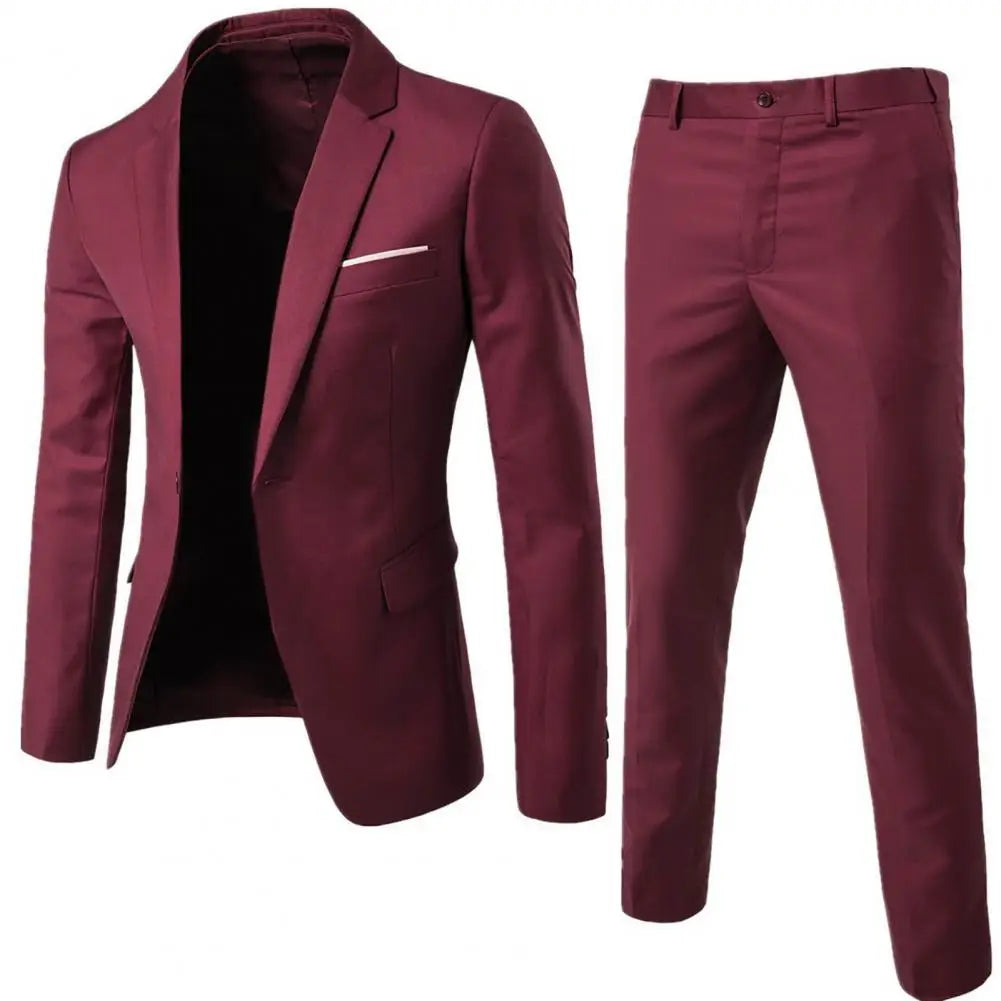 1 Set Stylish Formal Suit Temperament Men Blazer Pants Turndown Collar Pure Color One Button Suit Set  Daily Wear