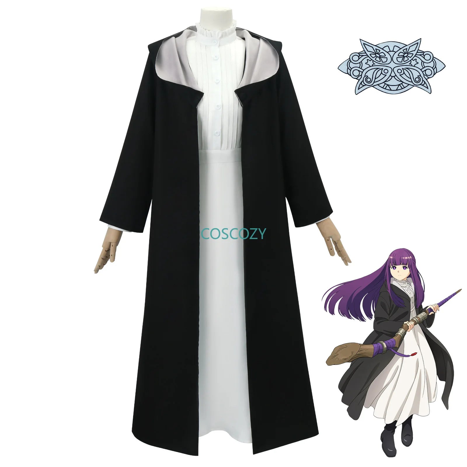 Anime Frieren: Beyond Journey's End Fern Cosplay Costume White Long Dress and Black Robe Purple Wig Headwear Halloween Suit