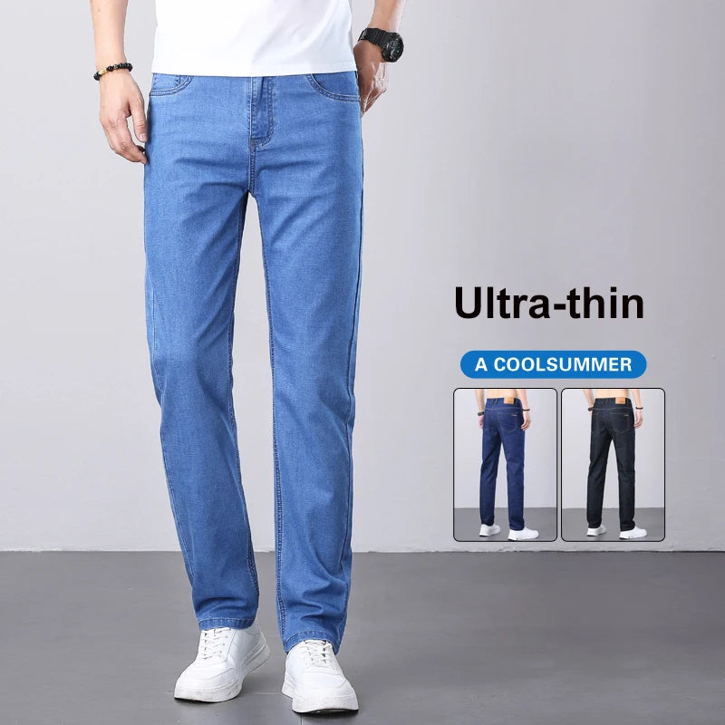 Summer Ultra-Thin Men's Jeans Classic All-Match Slim Straight Leg Elastic Denim Trousers