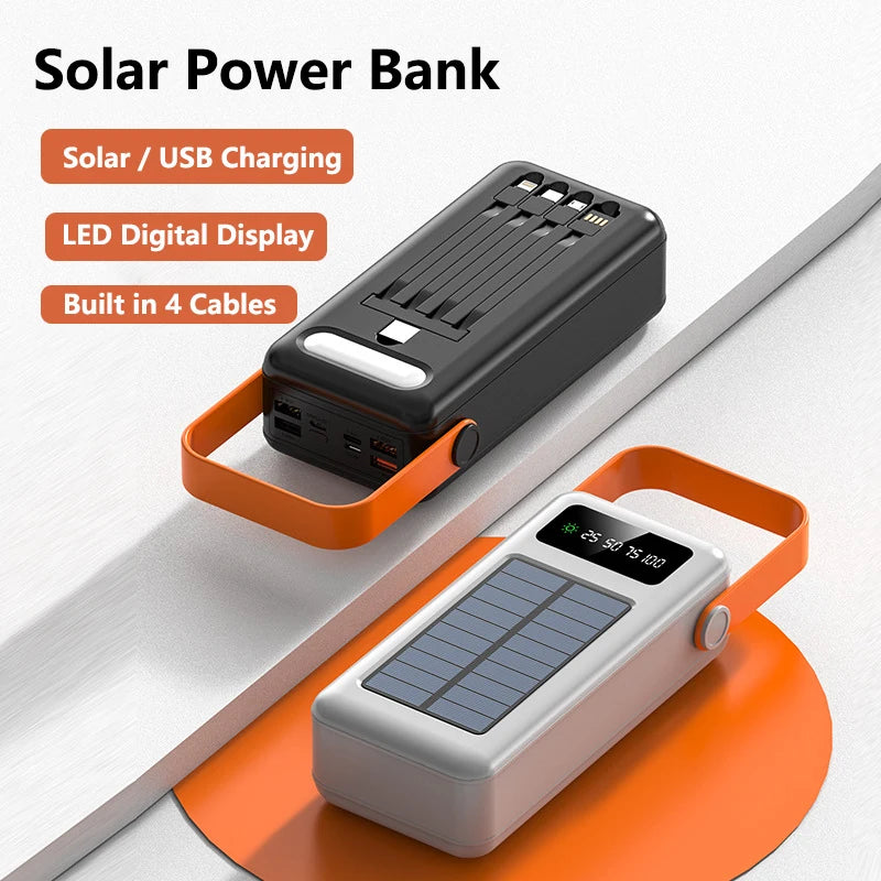 50000mAh Solar Power Bank Built in Cable Portable Charger External Battery Pack Powerbank 50000 For iPhone Xiaomi Samsung Huawei