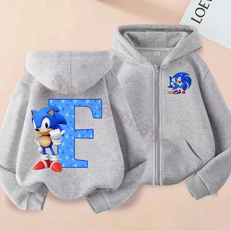 New Sonics Boys Zip-up Hoodies Kids Anime Hoodie Cartoon Letter Printed Tops Winter Warm Jacket Coat Autumn Children Clothing