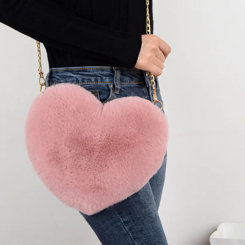 Fashion Women's Heart Shaped Handbags Cute Kawaii Faux Fur Crossbody Bags