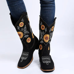 Women Flower Embroidery Shoes Slip-on Riding Boots