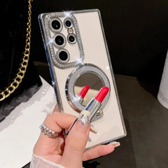 Luxury Diamond Magnetic Clear Phone Case For Samsung Galaxy S24 S23 S22 Ultra Plus Glitter Lens Protection Mirror Holder Cover