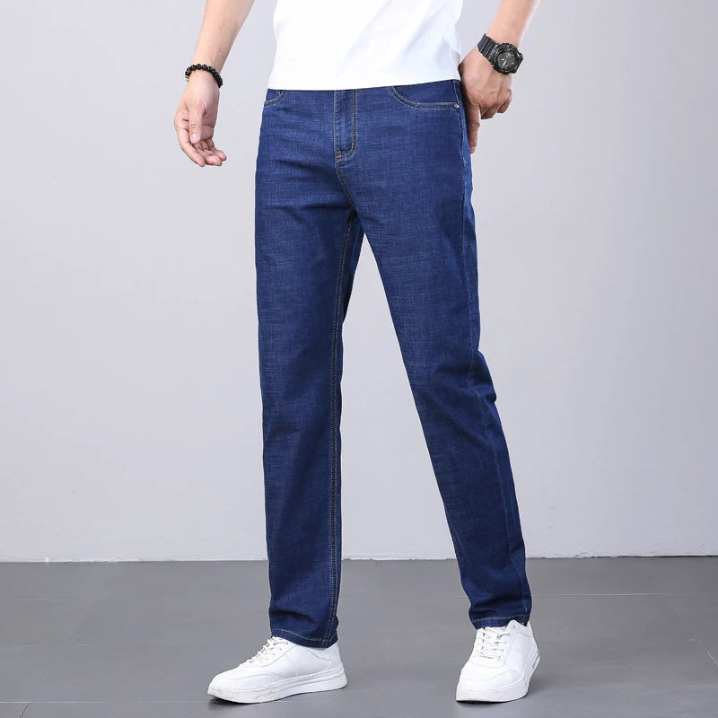 Summer Ultra-Thin Men's Jeans Classic All-Match Slim Straight Leg Elastic Denim Trousers