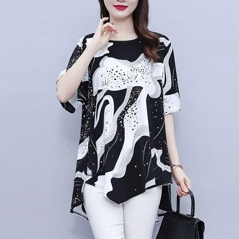 Female Casual Korean Printed Irregular T-shirt