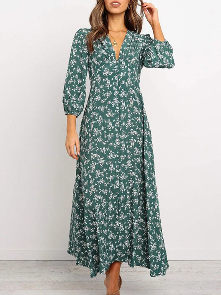 Women Chiffon Long Dress Floral Print Lantern Sleeve A-line Maxi Vestidos Autumn Dresses