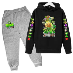 Kids Hooded Pullover Popular Game Plants vs. Monster Print Boys/Girls Top/Pants Clothing Set