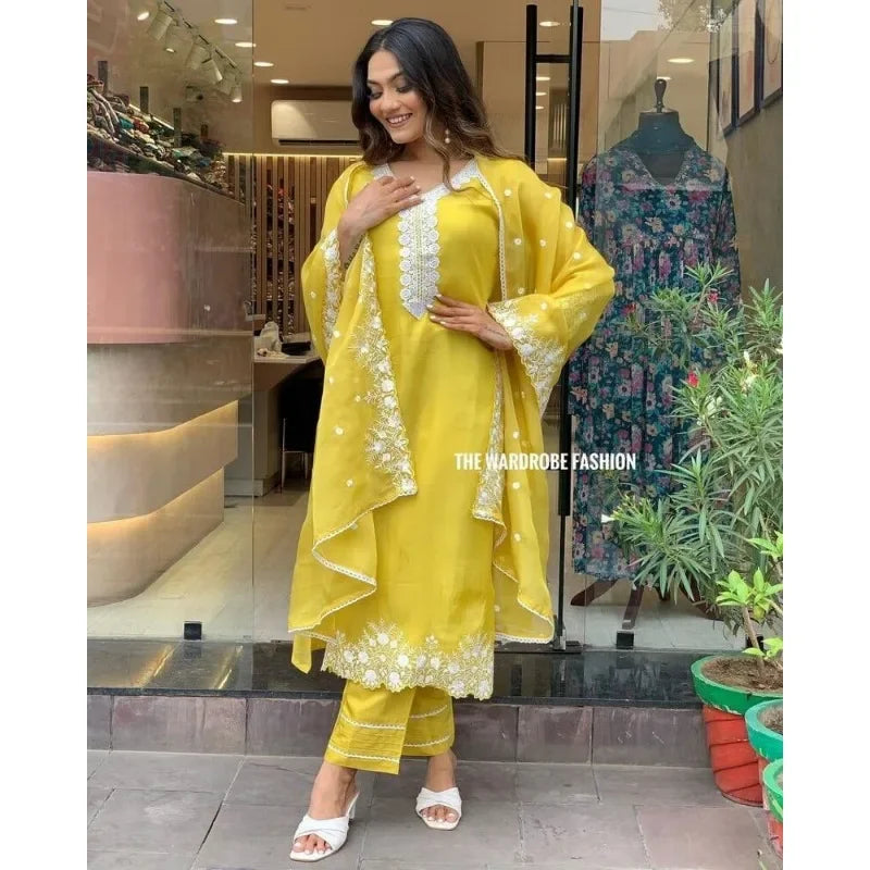 Heavy Embroidery Work Yellow Straight Indian Kurti Pant & Dupatta Gifted Dress