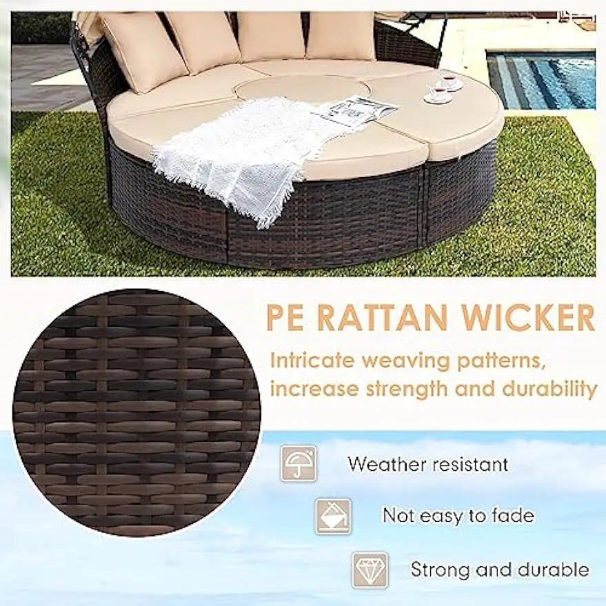 New Outdoor Patio Round Daybed with Retractable Canopy, Brown Wicker Furniture