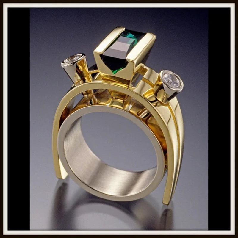 Gold Plated Emerald Pearl Modern Square Geometry Irregular Semi-Artificial Gemstone Ring Female