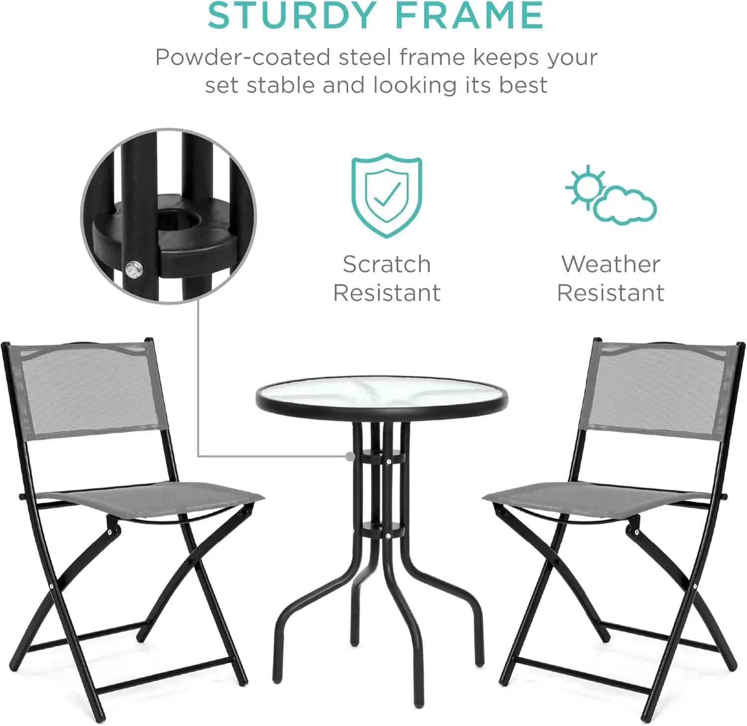 Furniture Set w/Textured Glass Tabletop, 2 Folding Chairs, Steel Frame, Polyester Fabric - Gray