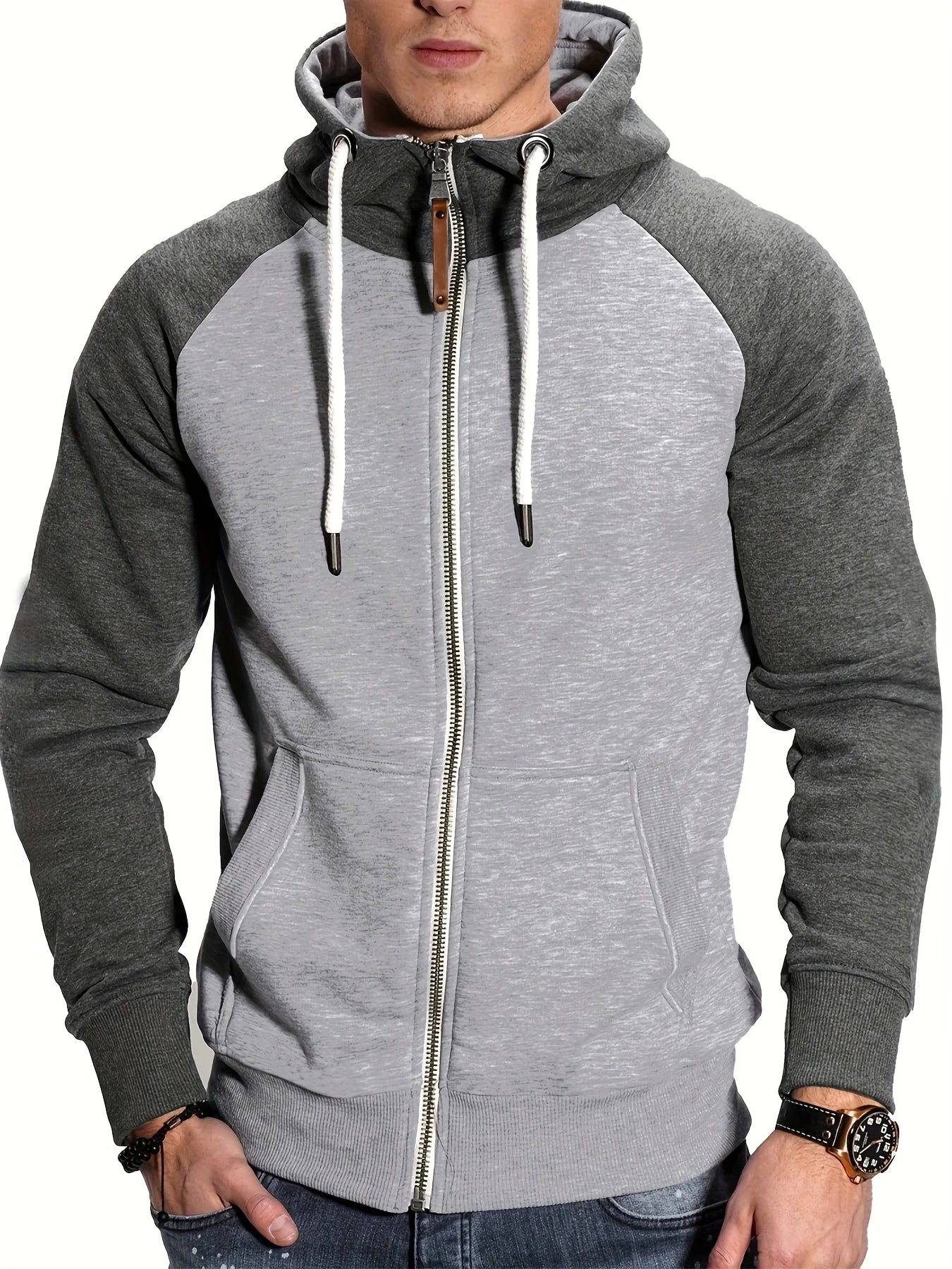 Men's Relaxed Fit Color Block Zip Up Hoodie Soft Slight Stretch Fabric Long Sleeve Placket Design