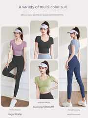 Women's Short-Sleeved Quick-Drying Skinny Yoga Clothes with Chest Pad in Summer