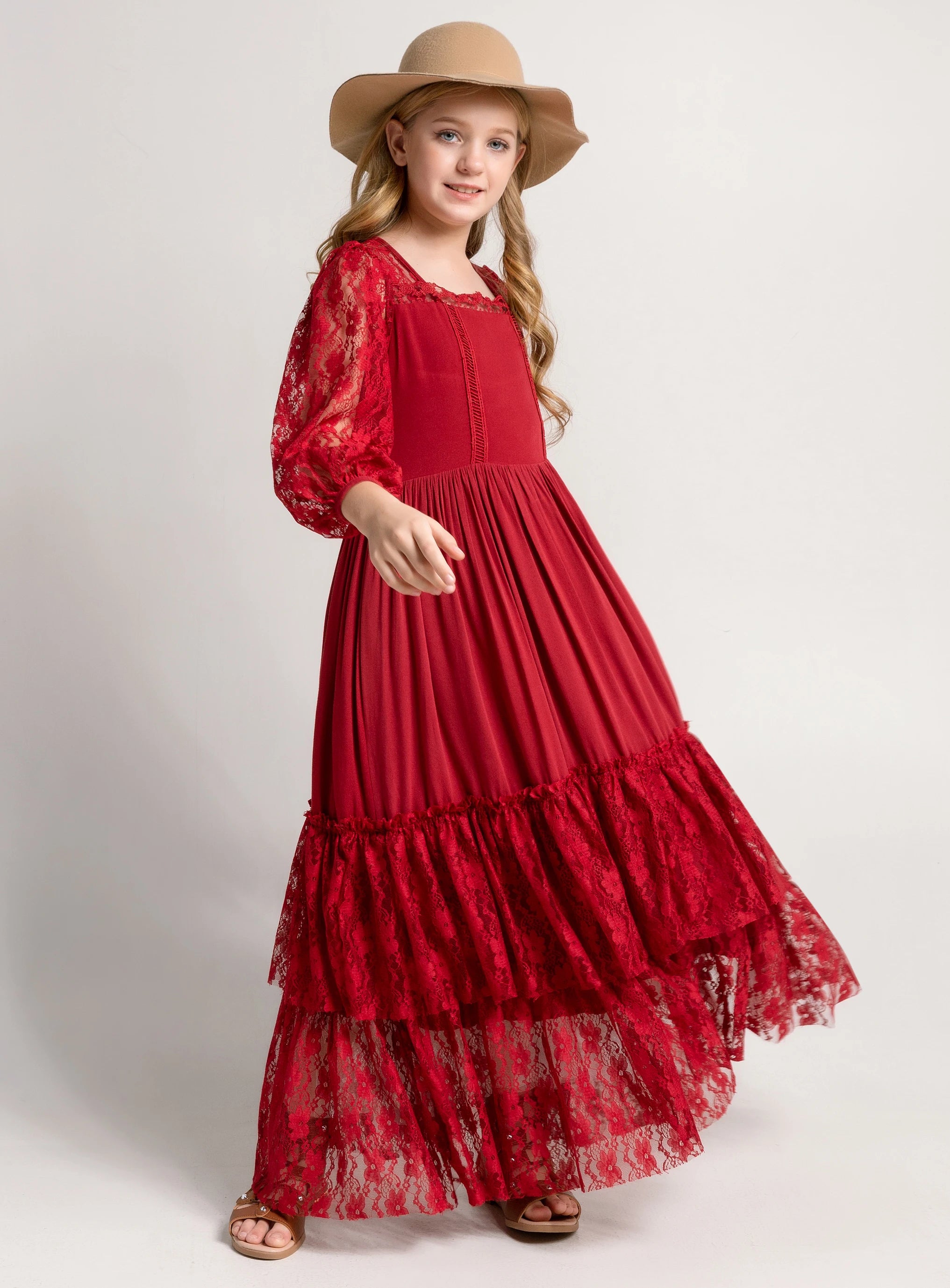 Christmas Girls Lace Long Sleeve Lace Dress Teenage Kids Elegant Princess Party Vestidos Costumes