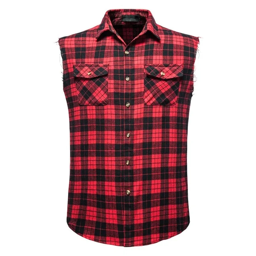 Men's Plaid Sleeveless Vests Turn-down Collar Shirts Vest Casual Single-breasted Plaid Tank Top