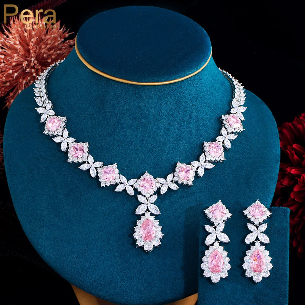 Pera Sweet Pink Cubic Zirconia Long Water Drop Pendant Necklace Earrings Jewelry Sets for Women