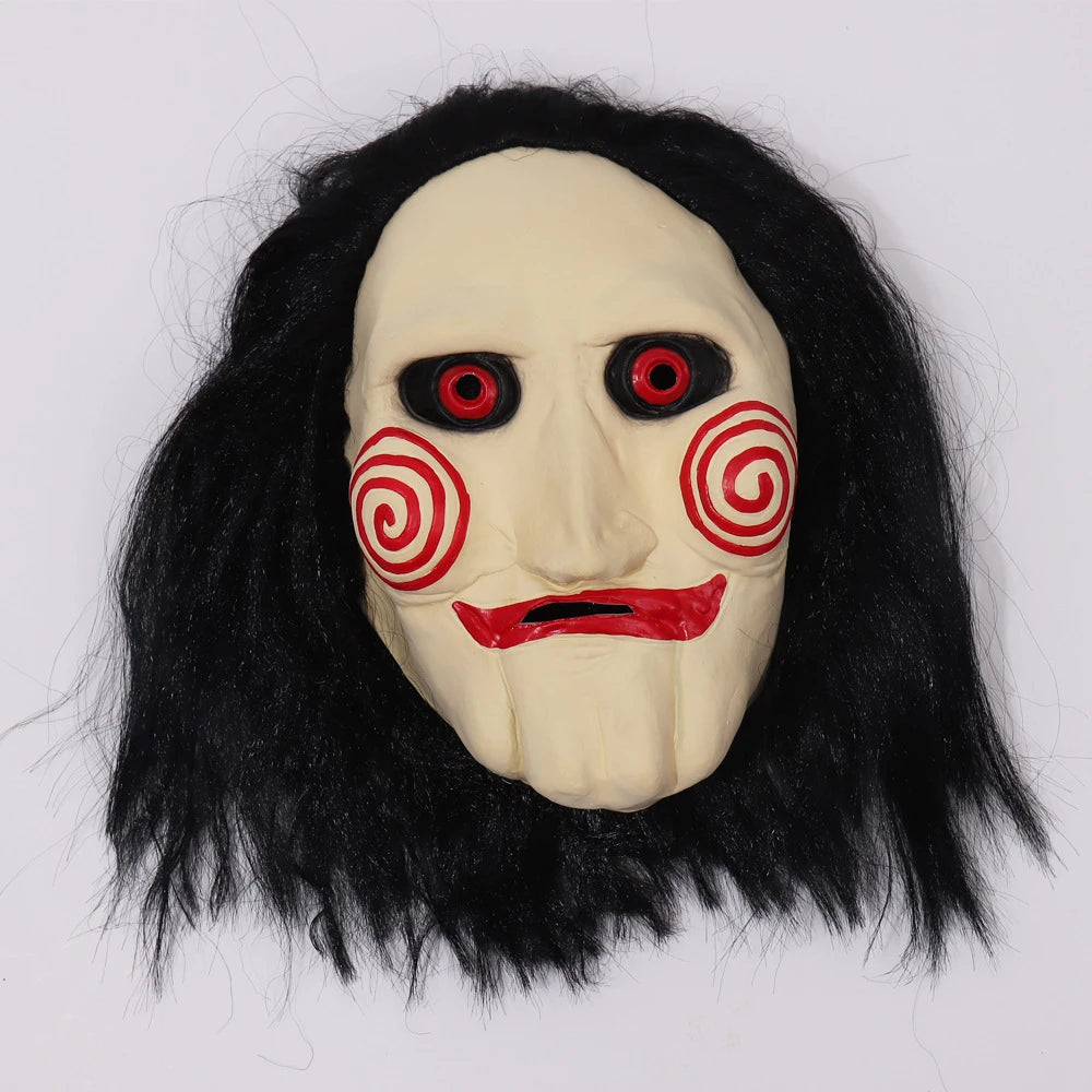 Movie Saw Chainsaw Massacre Jigsaw Puppet Masks with Wig Hair Latex Creepy Halloween Horror Scary mask Unisex Party Cosplay Prop