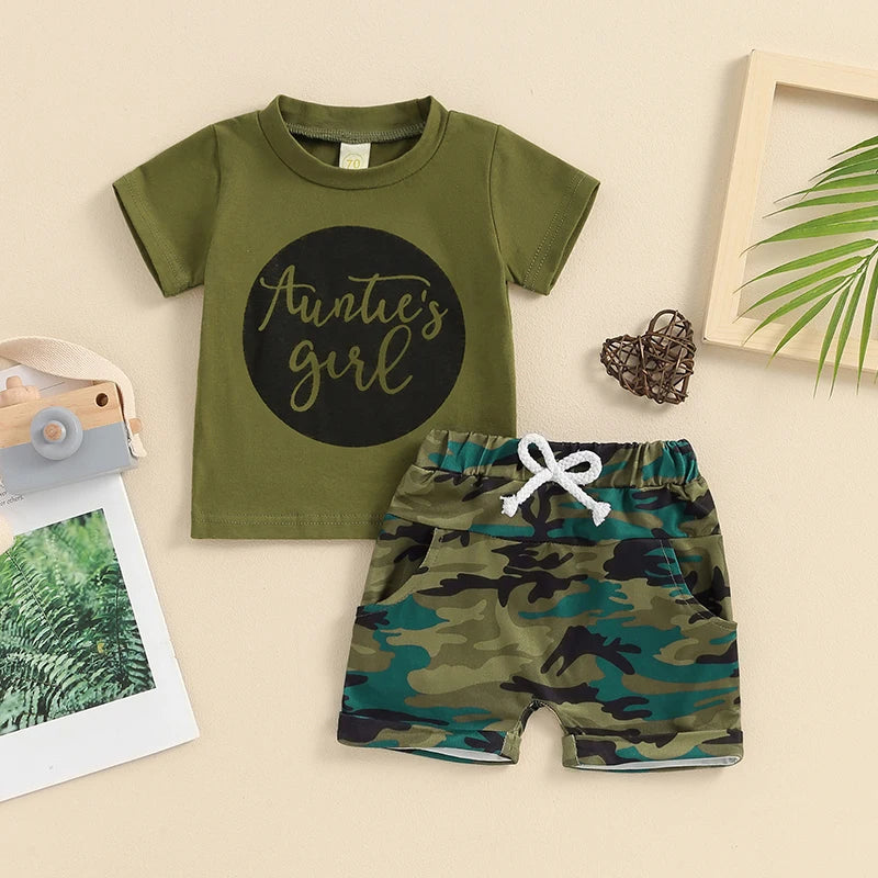 Newborn Toddler Baby Boy Girl Summer Outfit Clothes Auntie s Girl Boy T Shirt Top Camouflage Elasticated Waist Shorts Set