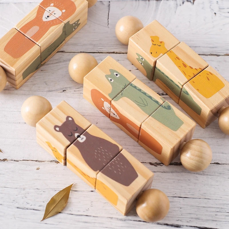 Baby Wooden Montessori Toys Cartoon Animal Crocodile Bear Rotate Block Rattle Puzzle Game