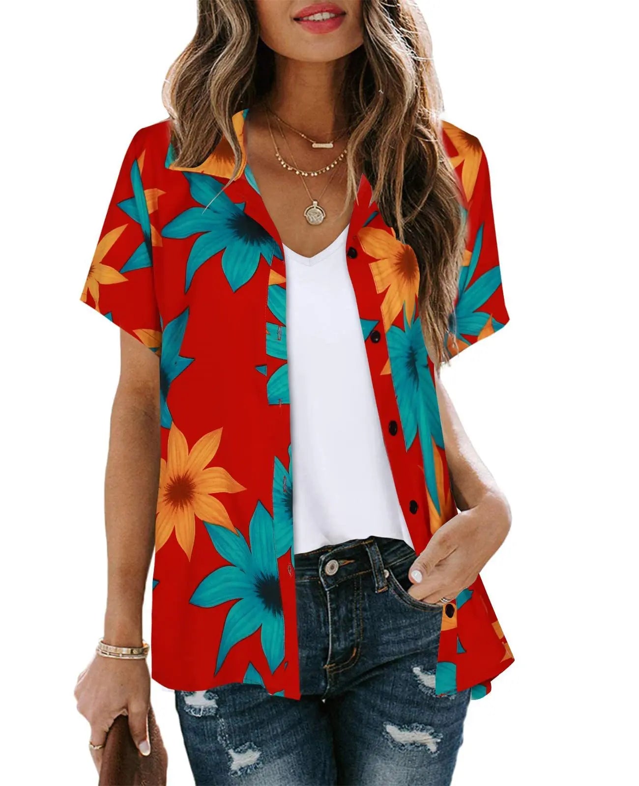 Bohemian Beach Holiday Shirt & Blouse Women Fashion Short Sleeve Button Shirts