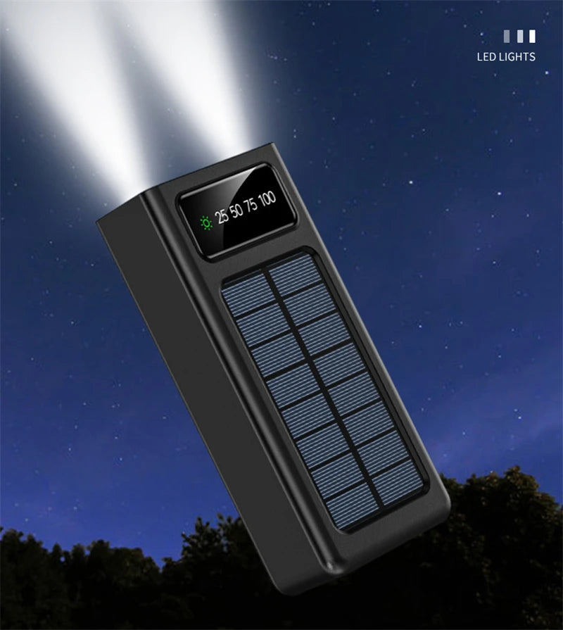 Solar Power Bank 30000mAh Built in 4 Cable Portable Charger LED Light Digital Display Powerbank